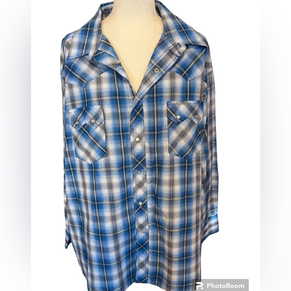 Wrangler Western Plaid Blue Pearl Snap Shirt 3X